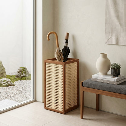 Chinese Solid Wood Rattan Umbrella Rack Freestanding Entryway Umbrella Holder